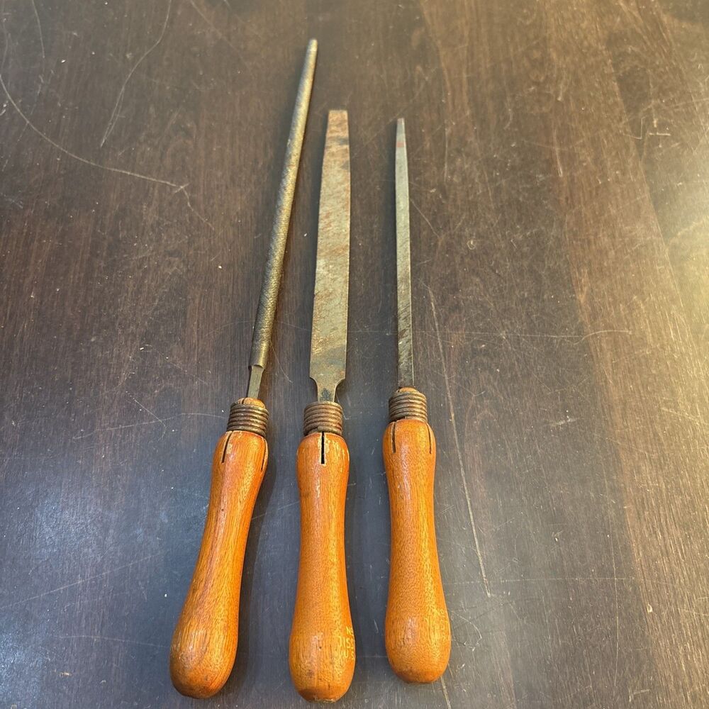 Vtg Lot of 3 Files Machinist Tools Wood Handle